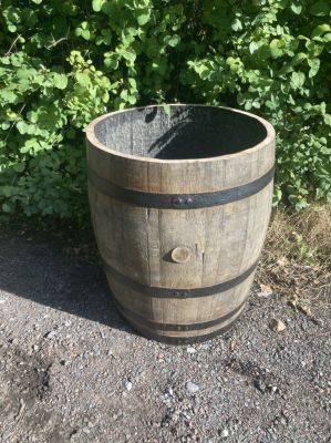 THREE QUARTER OAK WHISKY BARREL PLANTER WITH BLACK HOOPS
