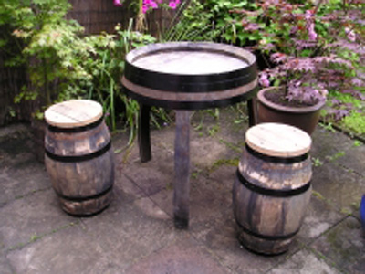 Three Legged Rustic Barrel Table with Stools