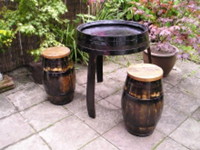 Three Legged Dark Varnished Barrel Table with Stools