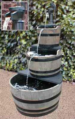 Oak Barrel Triple Cascade Pitcher Pump Water Feature