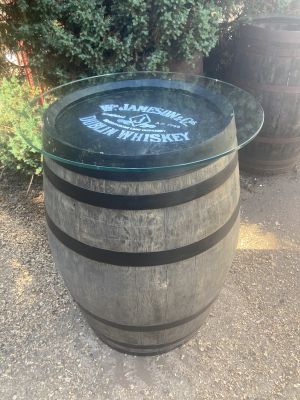 Jamesons Glass Top Hogshead Table with black hoops