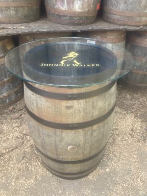 Johnnie Walker Glass Top Barrel Table with black hoops