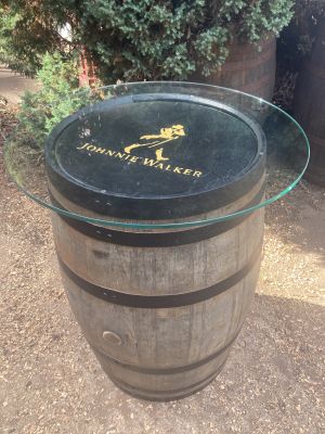 Johnnie Walker Glass Top Barrel Table with black hoops