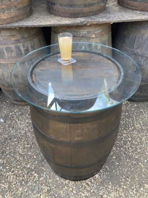 Bourbon Barrel Glass Top Table - Dark stained