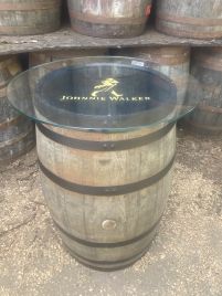 Johnnie Walker Glass Top Barrel Table with black hoops